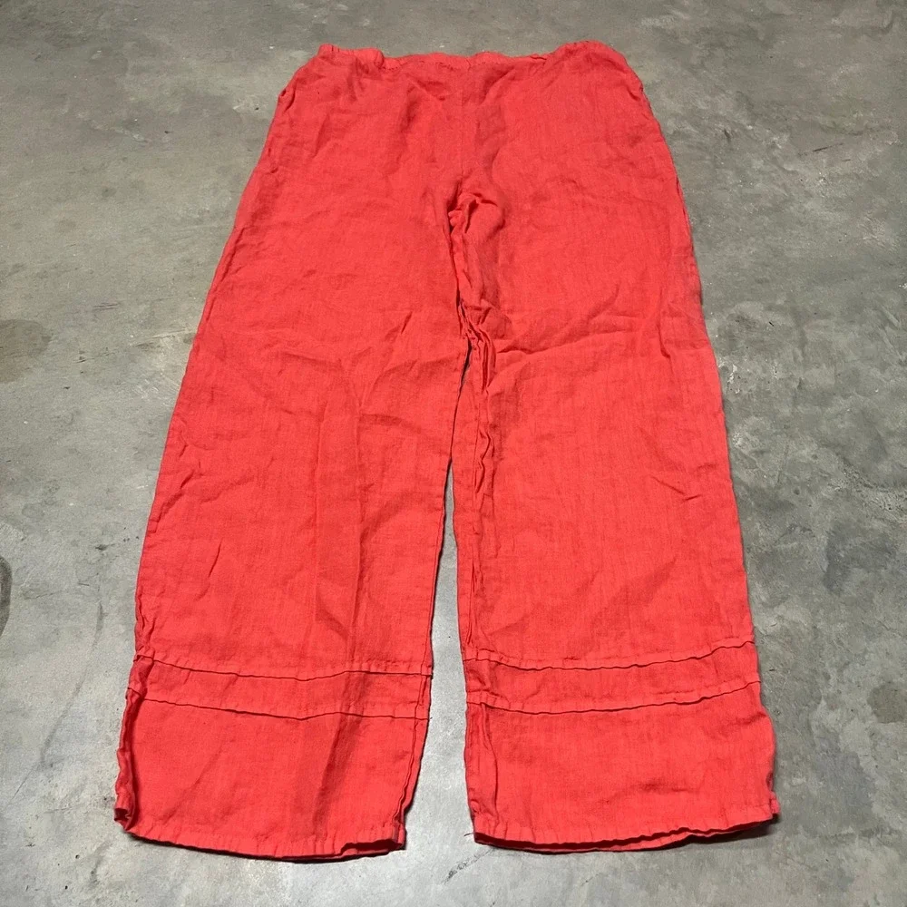 Bryn Walker Womens Medium Coral Red 100% Linen Wide Leg Elastic Waist Pants USA